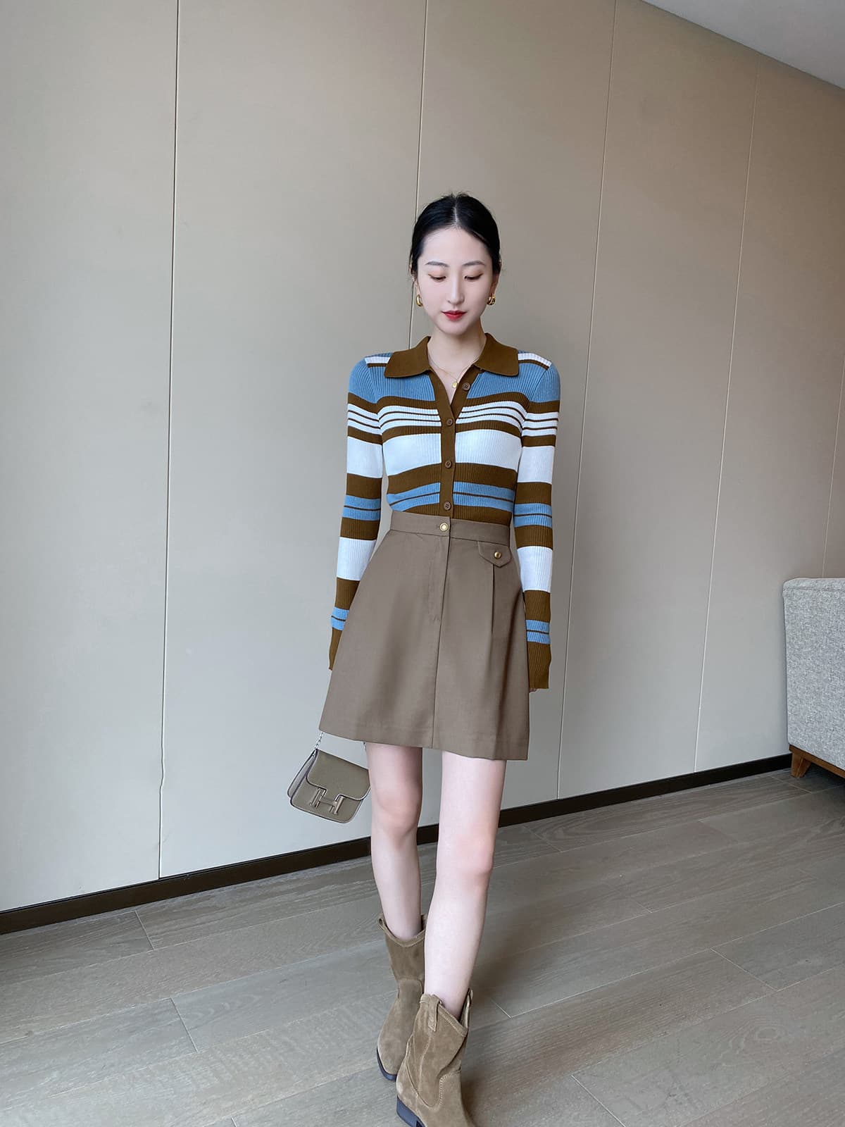 pinkeen 배색 스트라이프 POLO 칼라 니트 오픈 가디건 여성 가을 2026 새로운 레트로 슬림해 보이는 스웨터 작은 외투 상세 이미지 6