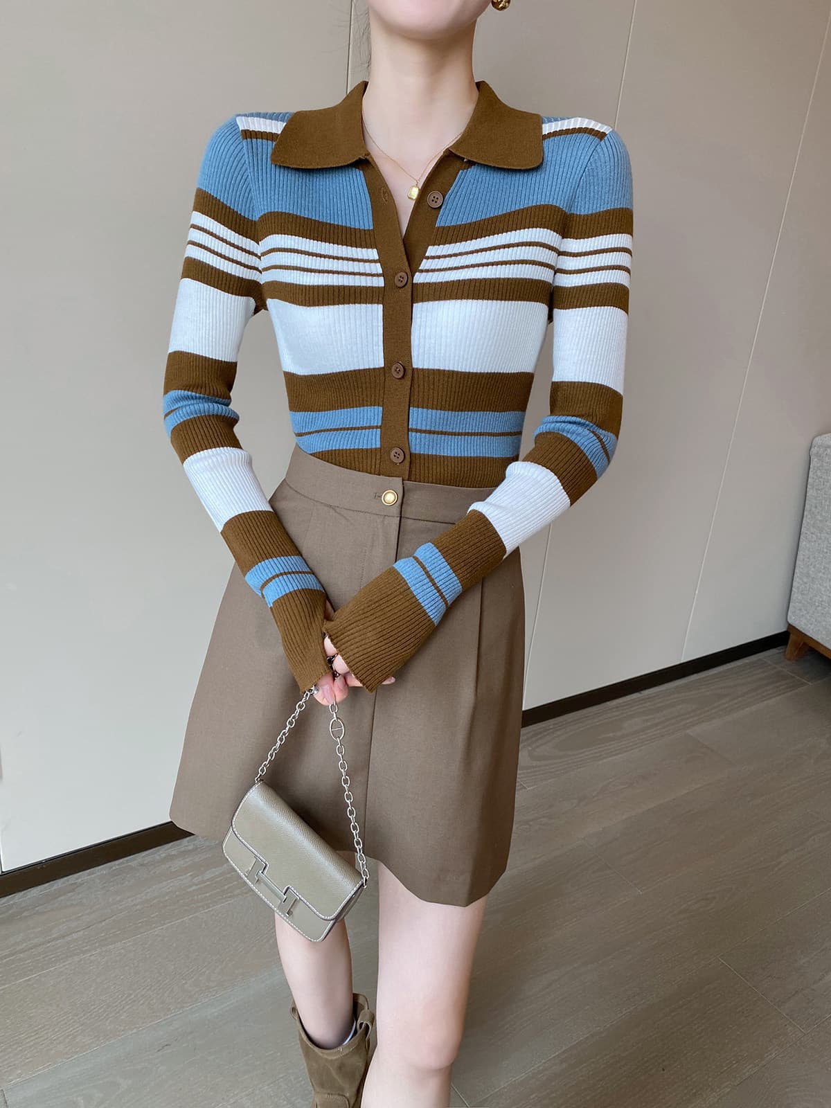 pinkeen 배색 스트라이프 POLO 칼라 니트 오픈 가디건 여성 가을 2026 새로운 레트로 슬림해 보이는 스웨터 작은 외투 상세 이미지 10