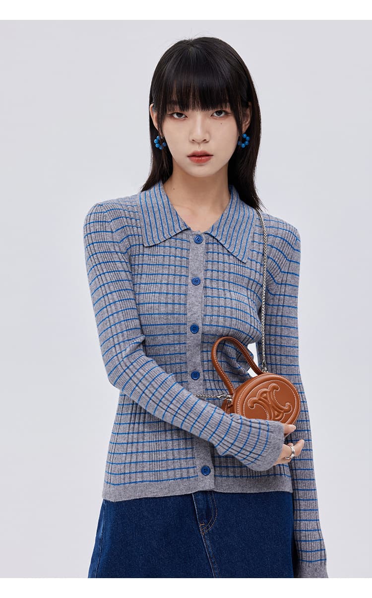 POLO 칼라 싱글 줄 버튼 플러스 긴팔 신축성 슬림해 보이는 몸매 가꾸기 회색 스트라이프 니트 오픈 가디건 여성 코트 2026 새로운 상세 이미지 3