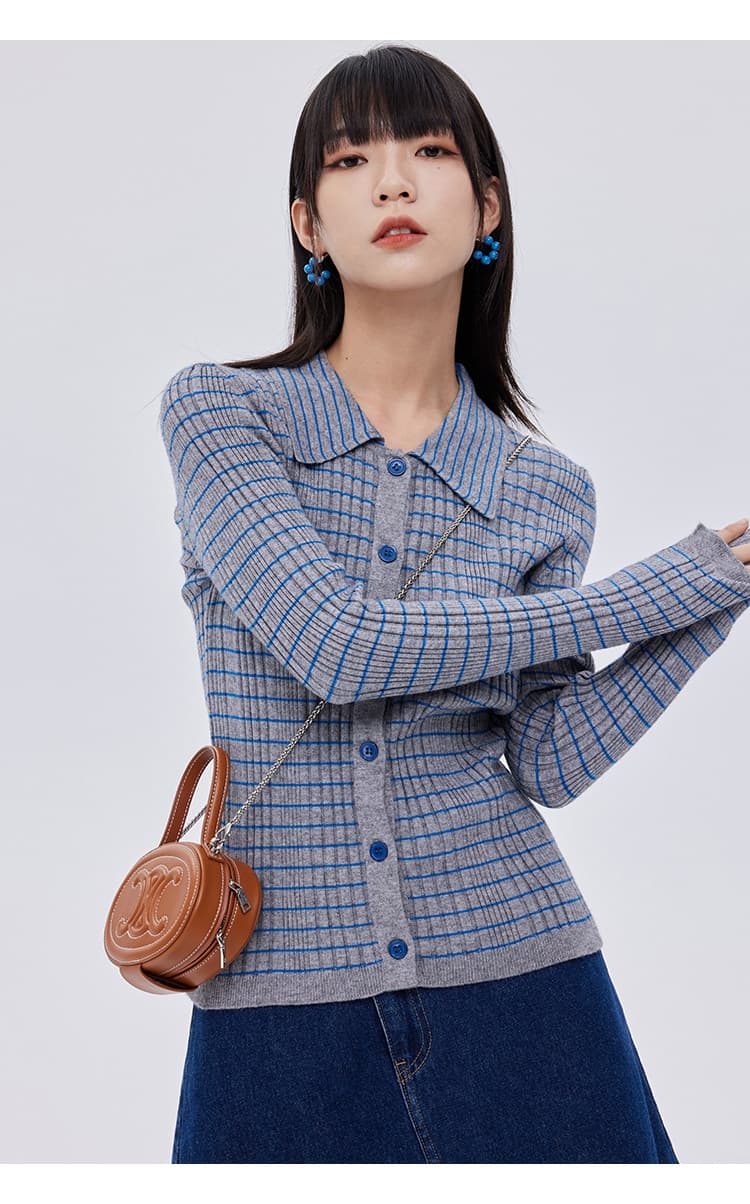POLO 칼라 싱글 줄 버튼 플러스 긴팔 신축성 슬림해 보이는 몸매 가꾸기 회색 스트라이프 니트 오픈 가디건 여성 코트 2026 새로운 상세 이미지 8