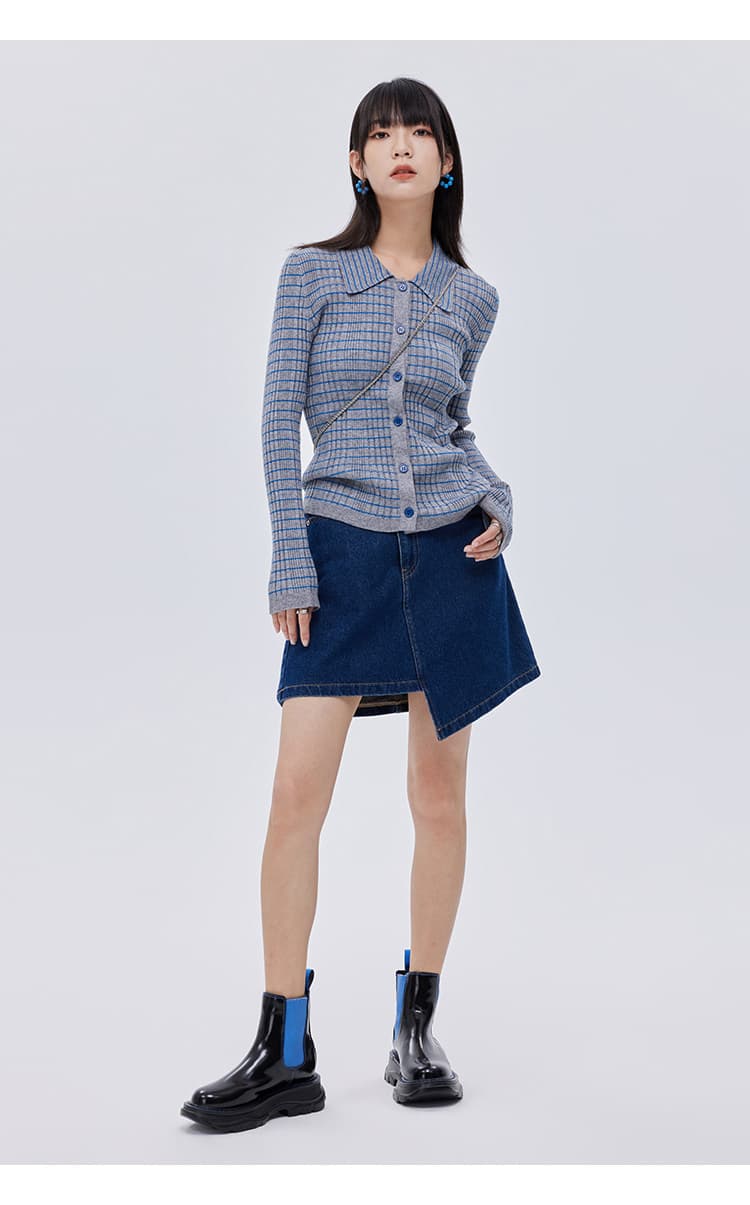 POLO 칼라 싱글 줄 버튼 플러스 긴팔 신축성 슬림해 보이는 몸매 가꾸기 회색 스트라이프 니트 오픈 가디건 여성 코트 2026 새로운 상세 이미지 9