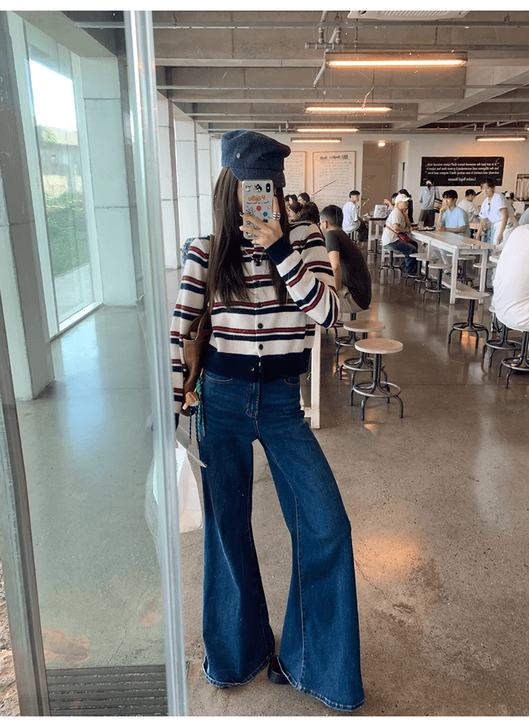 치아 세트 대 왕 귀여운 수리 개 봄 기본 셔츠 긴팔 스트라이프 니트 스웨터 라운드 넥 miu 부서 오픈 가디건 여성 이미지 4