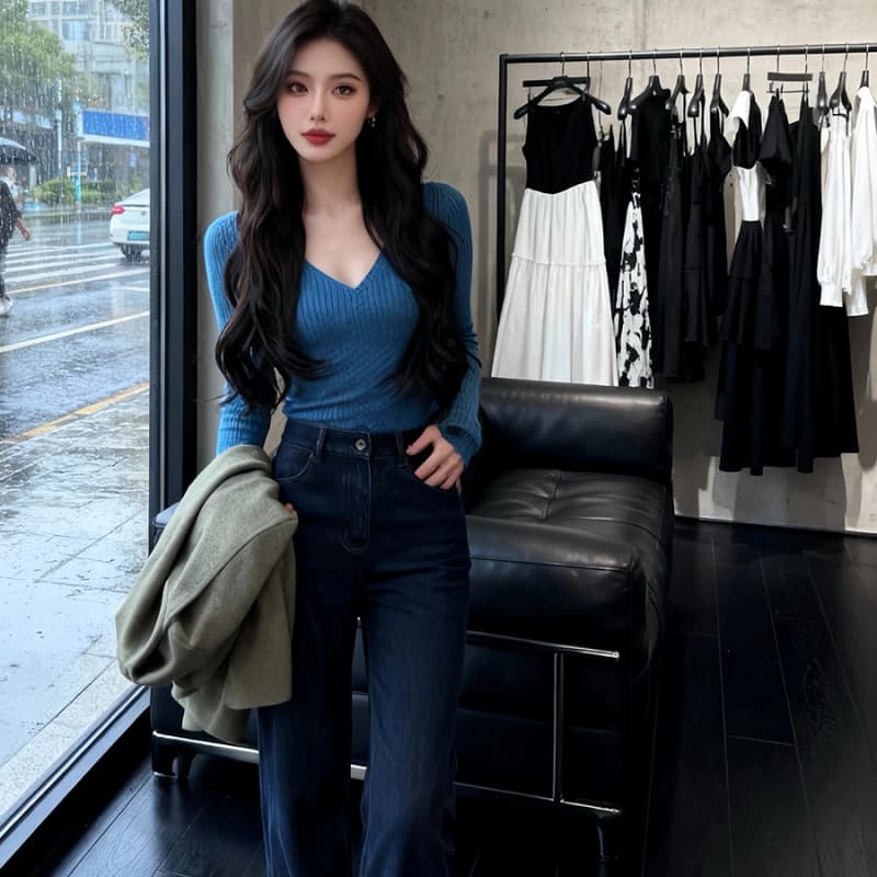 프랑스식 레트로 V넥 파란색 니트 스웨터 여성 2026 가을 새로운 몸매 가꾸기 꽈배기 스웨터 만나는 긴팔 맨위 이미지 2