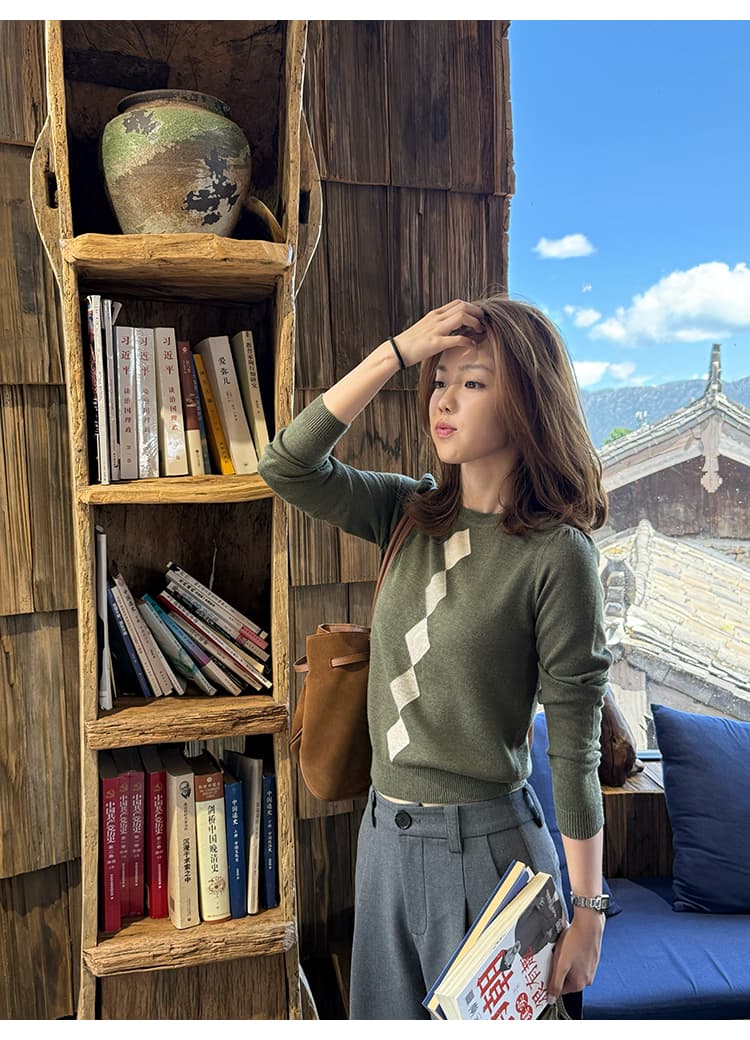 tuuuh 그림 그림책 링 그리드 자카드 니트 스웨터 여성 가을 레트로 라운드 넥 몸매 가꾸기 인사이드 가져 가라. 스웨터 맨위 상세 이미지 7