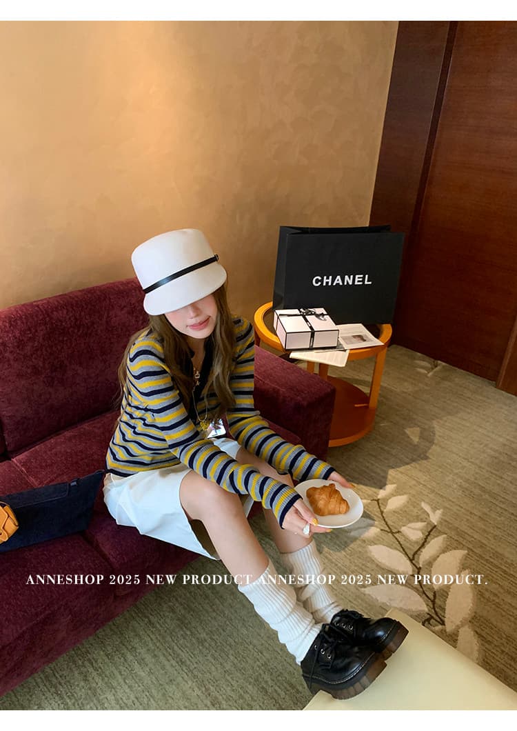 anneshop 레트로 운동 레트로 풀오버 스트라이프 니트 오픈 가디건 여성 2026 가을 겨울 새로운 외출용 맨위 이미지 3