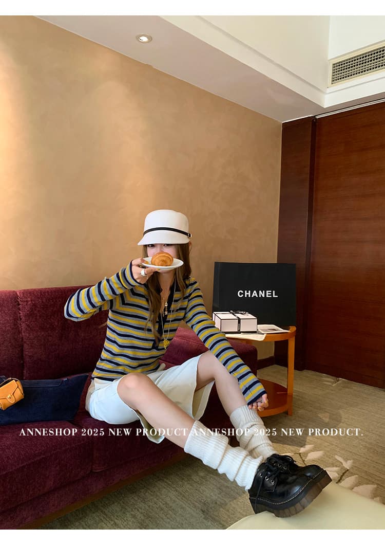 anneshop 레트로 운동 레트로 풀오버 스트라이프 니트 오픈 가디건 여성 2026 가을 겨울 새로운 외출용 맨위 상세 이미지 3
