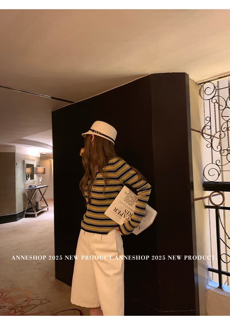 anneshop 레트로 운동 레트로 풀오버 스트라이프 니트 오픈 가디건 여성 2026 가을 겨울 새로운 외출용 맨위 상세 이미지 8