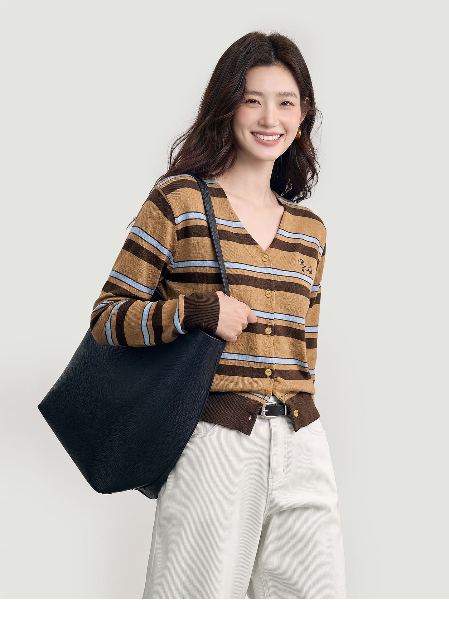 강 대륙 jiangz 가을 새로운 고급 센스 배색 V넥 스트라이프 니트 스웨터 여성 슬림해 보이는 다용도 출퇴근 맨위 상세 이미지 1