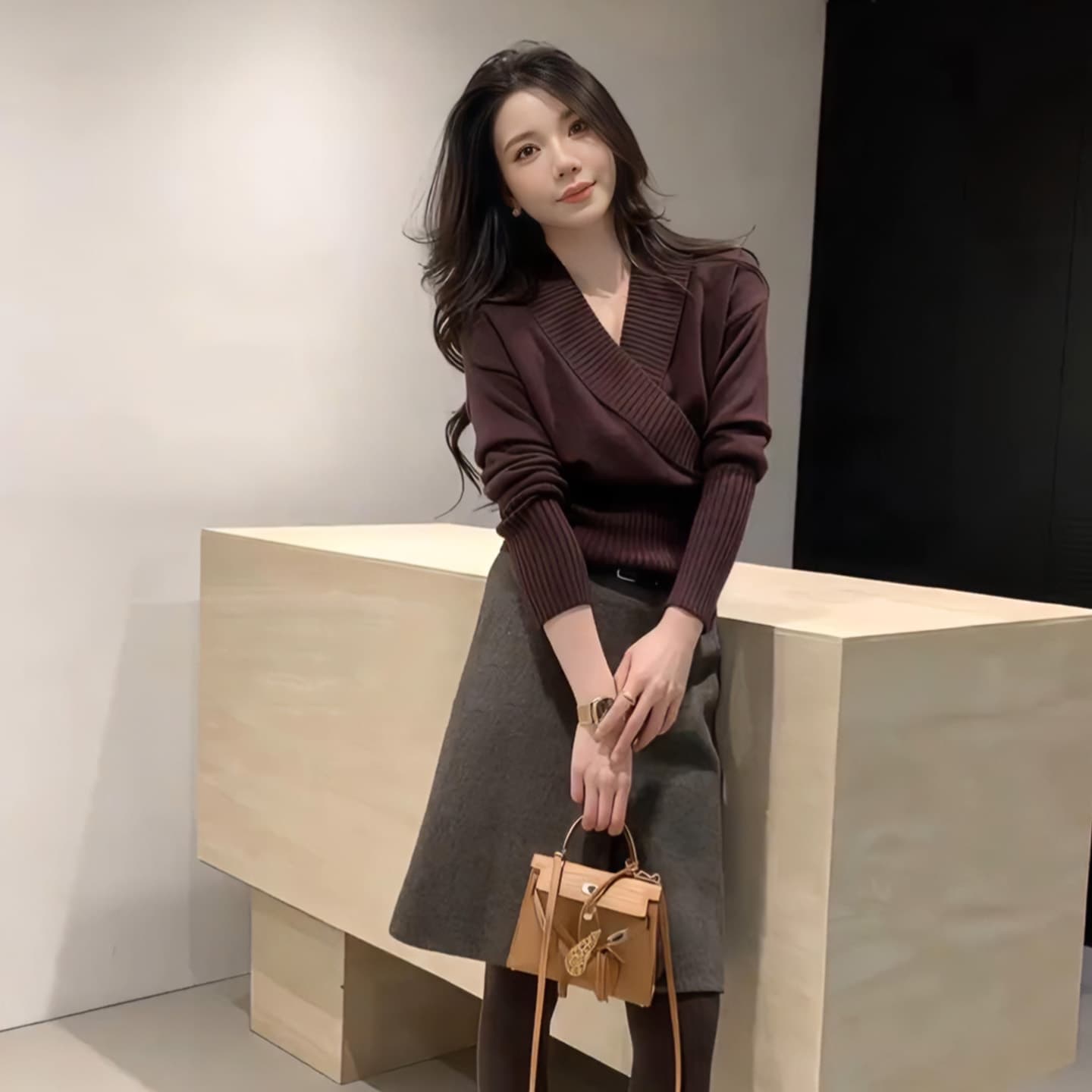 프랑스식 품격 V넥 커피 색상 니트 스웨터 2026 가을 겨울 새로운 느긋한 바람 분위기 센스 착용 잡아라. 의류 여성 의류 이미지 2