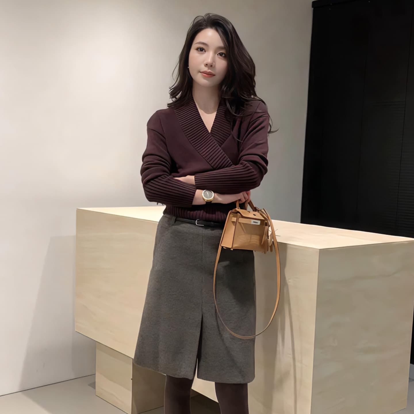 프랑스식 품격 V넥 커피 색상 니트 스웨터 2026 가을 겨울 새로운 느긋한 바람 분위기 센스 착용 잡아라. 의류 여성 의류 상세 이미지 3