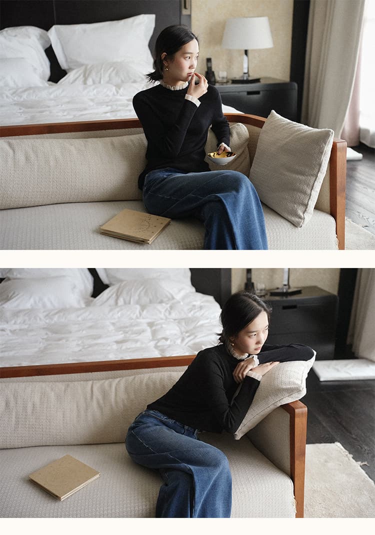 lalaglow 부드러움 시간 뽕나무 누에 실크 양모 프릴 기본 셔츠 여성 가을 프로 피부 부드러운 찹쌀 인사이드 잡아라. 의류 상세 이미지 4