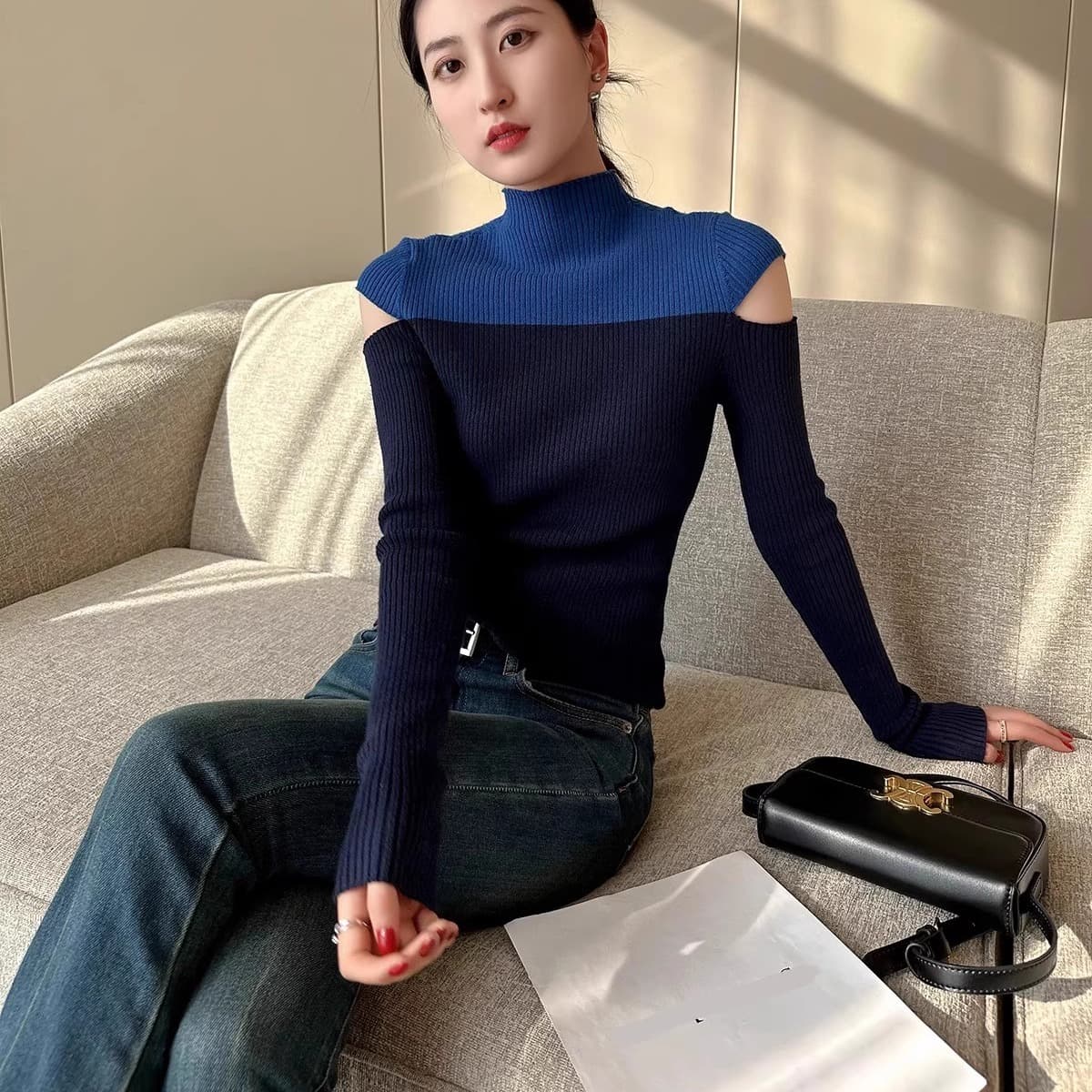 pinkeen 블루 패치워크 색상 반하이넥 긴팔 니트 스웨터 여성 가을 2026 새로운 홀로우 아웃 패션 외국 가스 스웨터 이미지 5