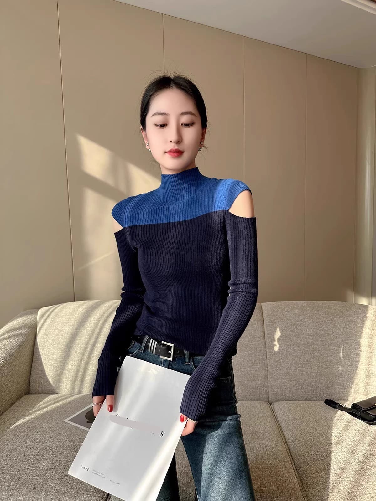 pinkeen 블루 패치워크 색상 반하이넥 긴팔 니트 스웨터 여성 가을 2026 새로운 홀로우 아웃 패션 외국 가스 스웨터 상세 이미지 11