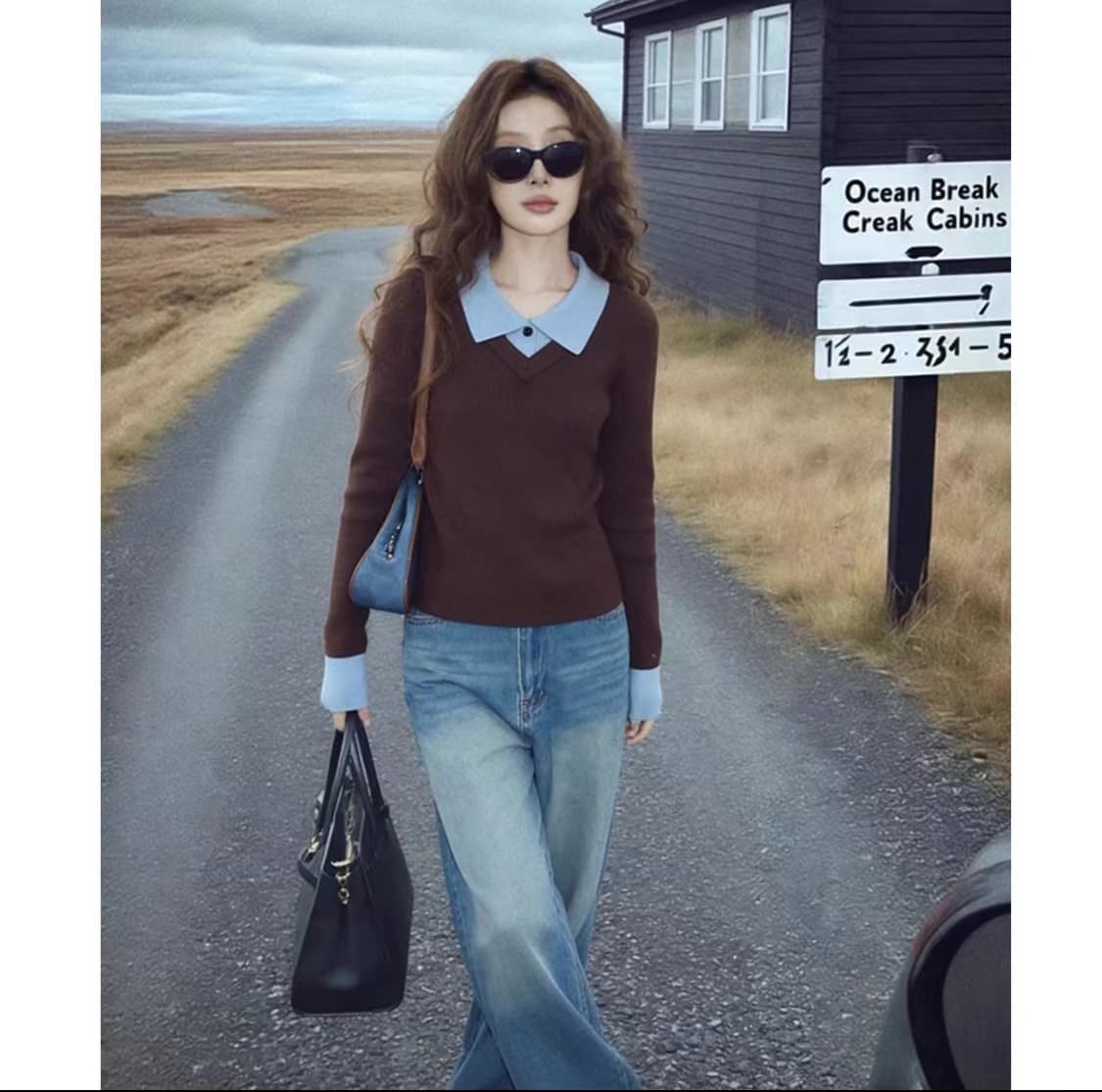 가을 겨울 브라운 긍정적 인 어깨 인사이드 가져 가라. 몸매 가꾸기 풀오버 스웨터 여자 POLO 칼라 페이크 레이어드 만나는 니트 스웨터 긴팔 맨위 상세 이미지 3