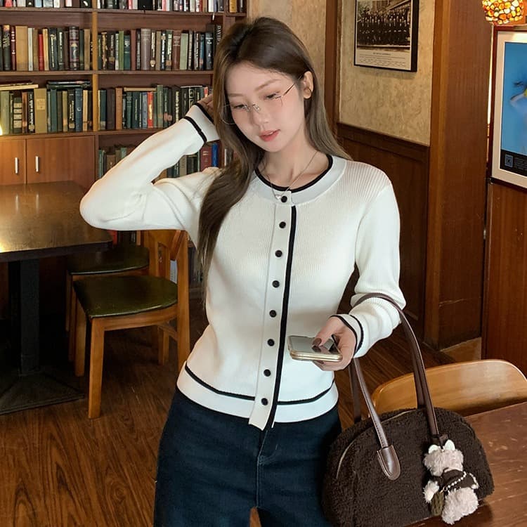 우 77 배색 라운드 넥 오래된 돈 바람 니트 오픈 가디건 여성 품격 몸매 가꾸기 슬림해 보이는 인사이드 가져 가라. 패션 긴팔 모직물 맨위