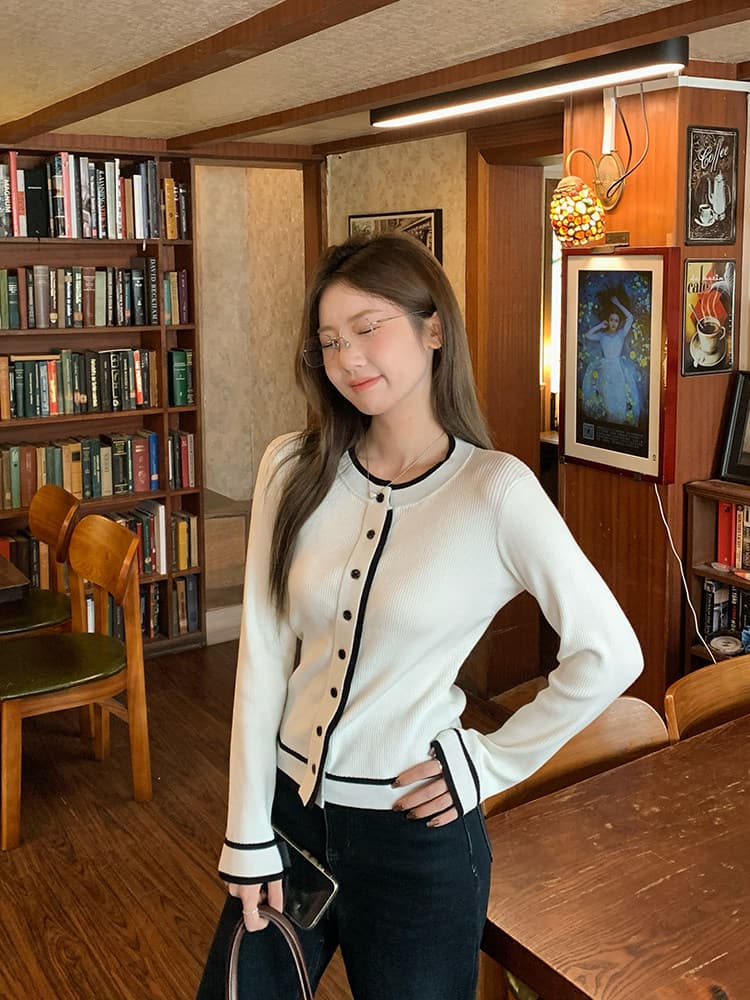 우 77 배색 라운드 넥 오래된 돈 바람 니트 오픈 가디건 여성 품격 몸매 가꾸기 슬림해 보이는 인사이드 가져 가라. 패션 긴팔 모직물 맨위 상세 이미지 6