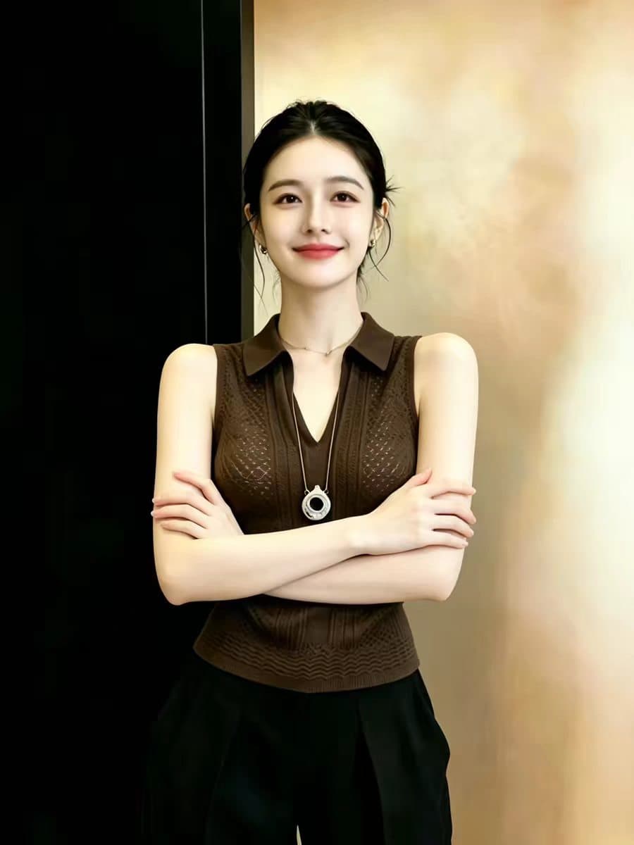 폴로 칼라 몸매 가꾸기 커피 색상 태국 아름다운 한 부서 캐미솔 여성 의류 2026 여름 여름 착용 가져 가라. 홀로우 아웃 맨위 상세 이미지 5