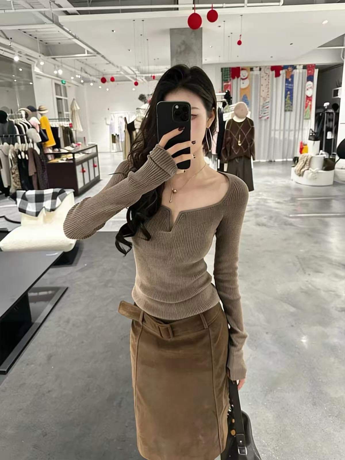 복잡한 고대 돈 바람 커피 색상 광장 칼라 긴팔 니트 스웨터 여성 봄 몸매 가꾸기 슬림해 보이는 조심해. 기계 내부 가져 가라. 만나는 맨위 상세 이미지 5