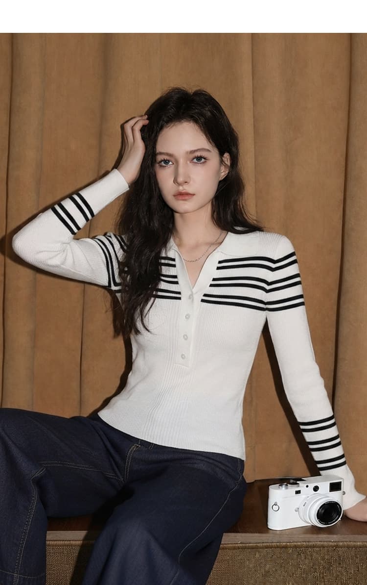 자이언트 잘 생긴 흑백 줄무늬 POLO 칼라 긴팔 니트 스웨터 여성 가을 몸매 가꾸기 인사이드 가져 가라. 만나는 맨위 상세 이미지 3