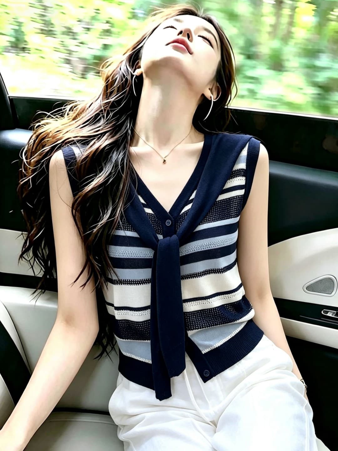 고급 빛 럭셔리 센스 외출용 배색 스트라이프 레이스업 옷 여성 2026 년 여름 섹션 카드 홀로우 아웃 니트 조끼 슬립 이미지 3