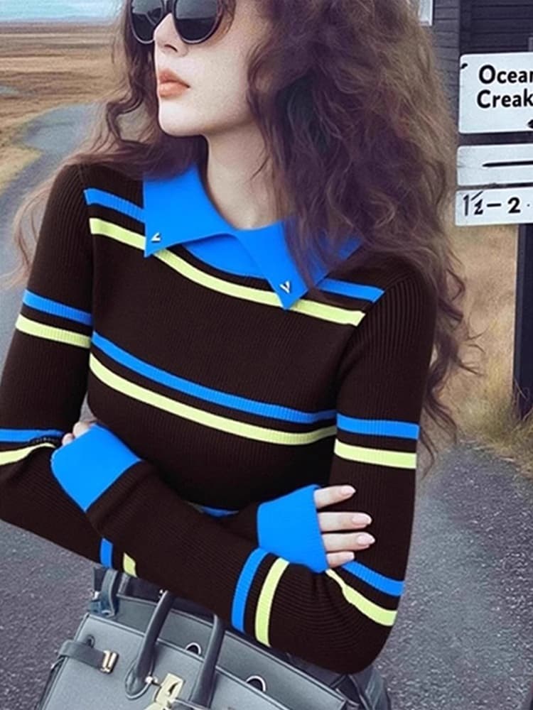 레트로 배색 스트라이프 POLO 칼라 스웨터 기본 셔츠 여성 인사이드 가져 가라. 가을 2026 새로운 수리 고급 센스 맨위 상세 이미지 4