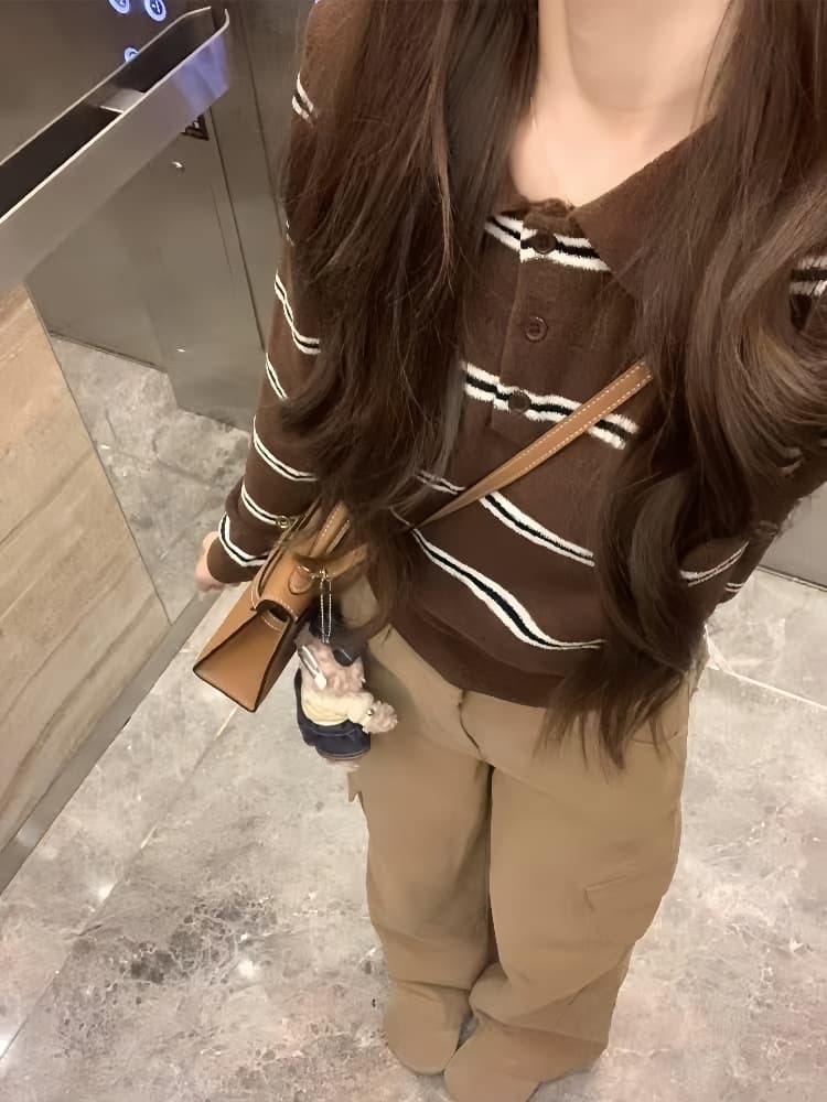 한국 스타일 레트로 배색 스트라이프 긴팔 니트 오픈 가디건 여성 슈퍼 잘 생긴 ~ 중 작은 키 슬림해 보이는 착용 가져 가라. 풀오버 맨위 상세 이미지 4