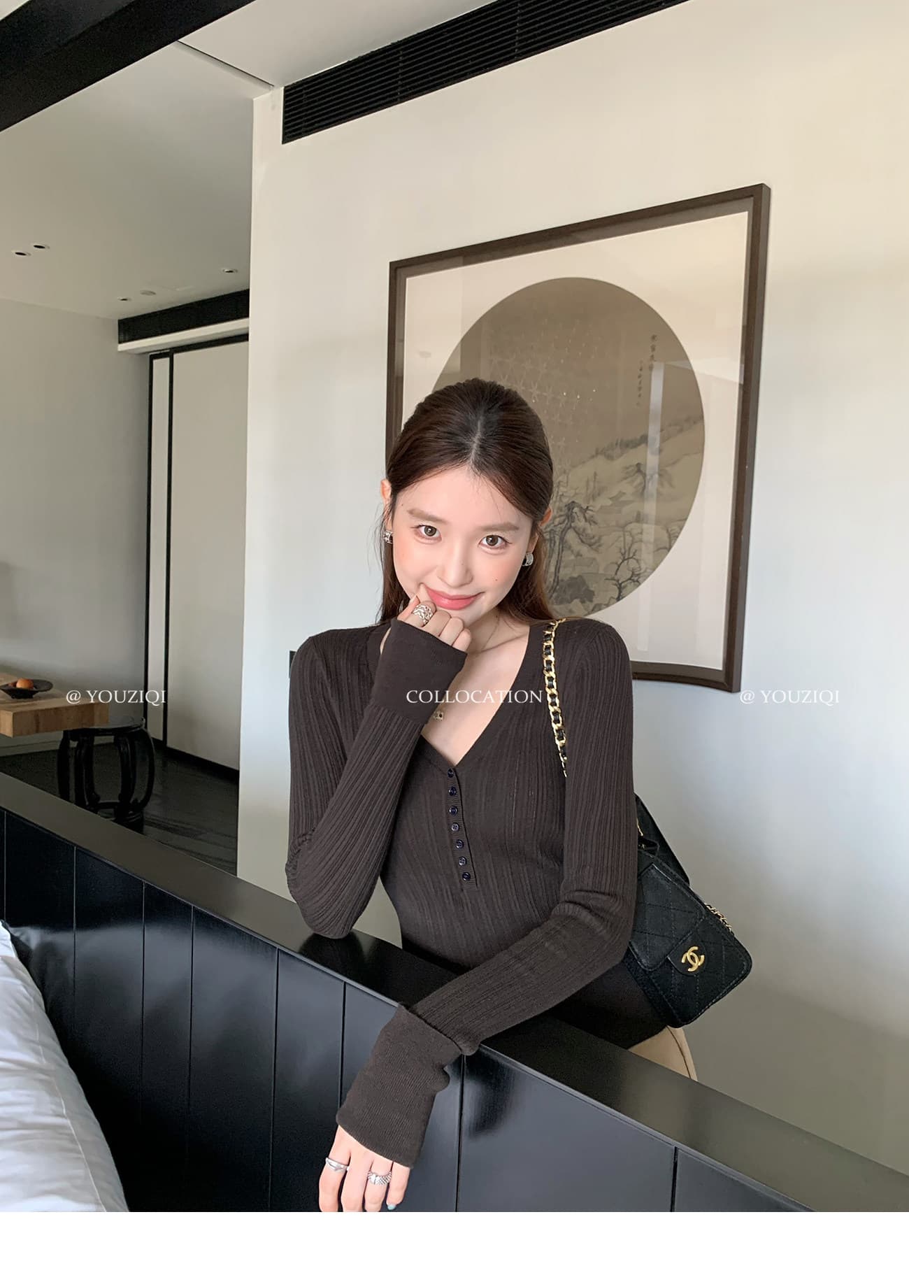 자몽 제나라 매매 모카 커피 색상 V넥 니트 스웨터 여성 가을 몸매 가꾸기 헨리 셔츠 기본 셔츠 맨위 상세 이미지 8