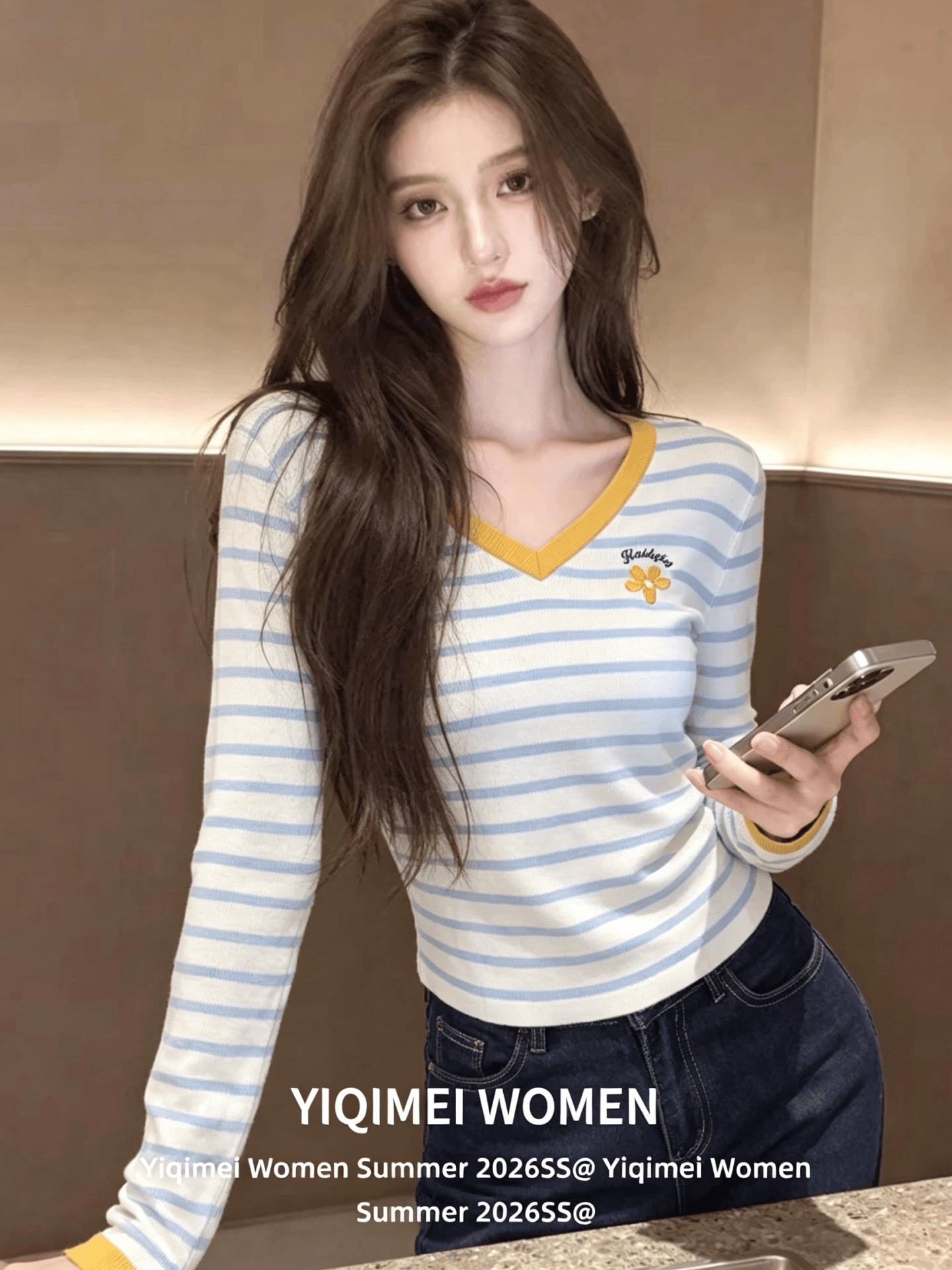 학원 스타일 블루 화이트 스트라이프 V넥 자수 긴팔 니트 스웨터 이른 가을 디자인 센스 배색 그레이트 봐라. 만나는 맨위 상세 이미지 1