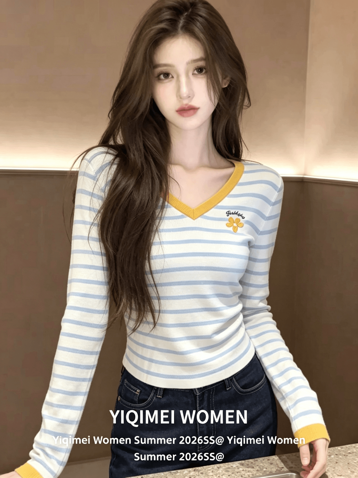 학원 스타일 블루 화이트 스트라이프 V넥 자수 긴팔 니트 스웨터 이른 가을 디자인 센스 배색 그레이트 봐라. 만나는 맨위 상세 이미지 2