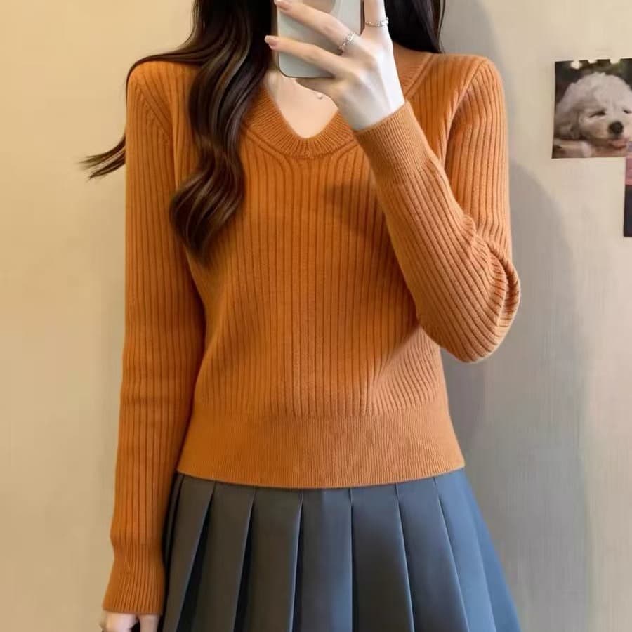 아메리칸 레트로 살구 색상 V넥 긴팔 미니멀리즘 스웨터 여자 가을 겨울 고급 센스 슬림해 보이는 인사이드 가져 가라. 만나는 니트 맨위 이미지 5