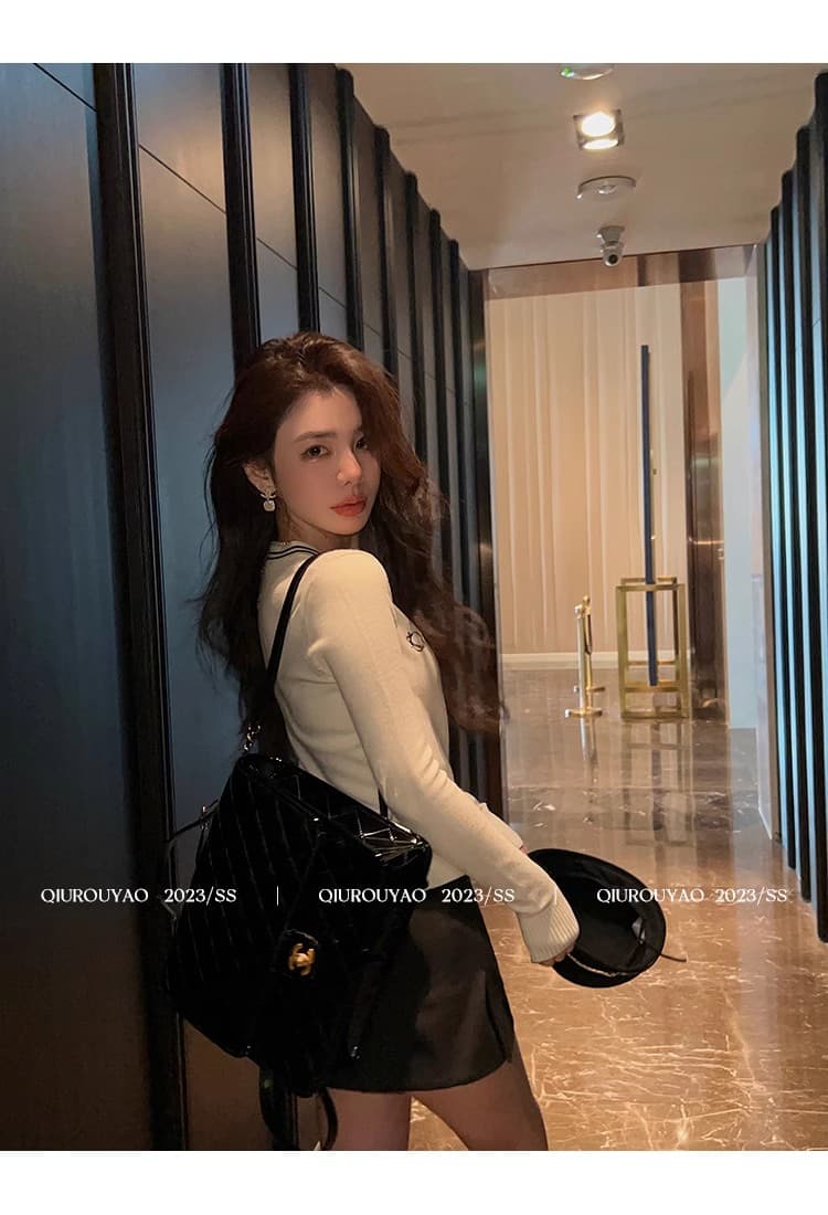 치우 고기 야오 가을 새로운 긴팔 재킷 배색 얇은 스타일 슬림해 보이는 작은 대중 품격 학원 V넥 니트 오픈 가디건 여성 상세 이미지 14