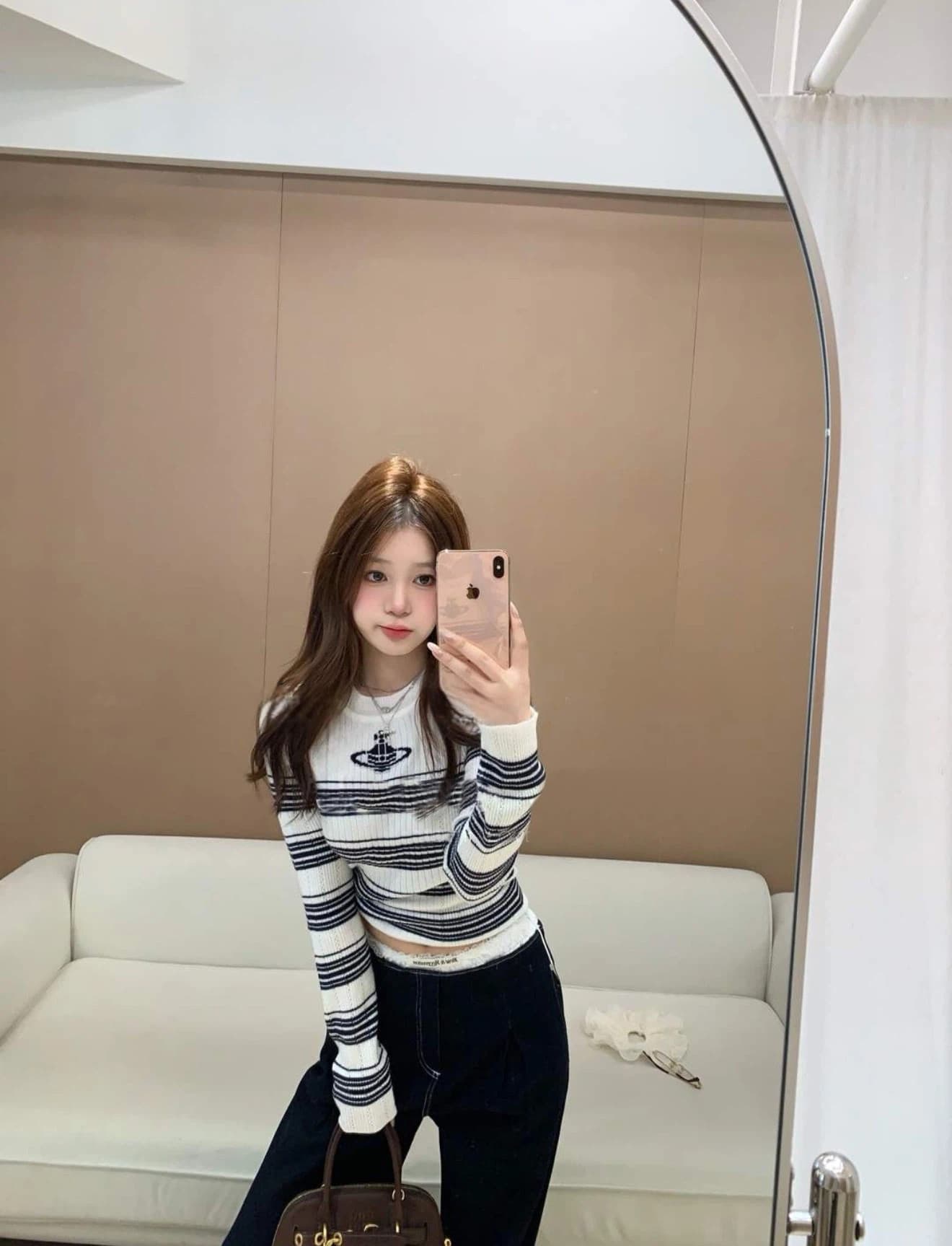 스트라이프 배색 니트 맨위 토성 자수 몸매 가꾸기 얇은 스타일 라운드 넥 스웨터 긴팔 기본 셔츠 상세 이미지 5