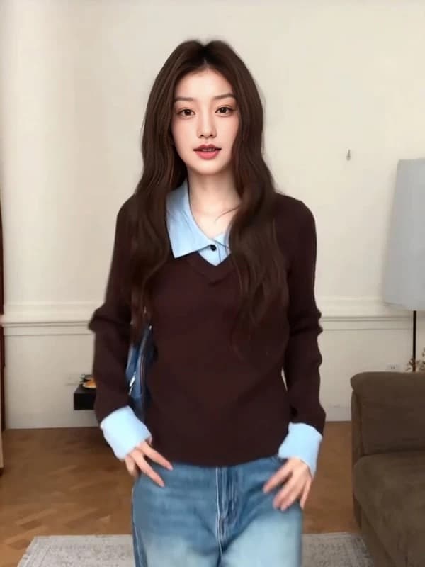 브라운 인사이드 잡아라. 의류 여성 가을 겨울 페이크 레이어드 기본 셔츠 긍정적 인 어깨 몸매 가꾸기 배색 스웨터 POLO 칼라 니트 스웨터 상세 이미지 3