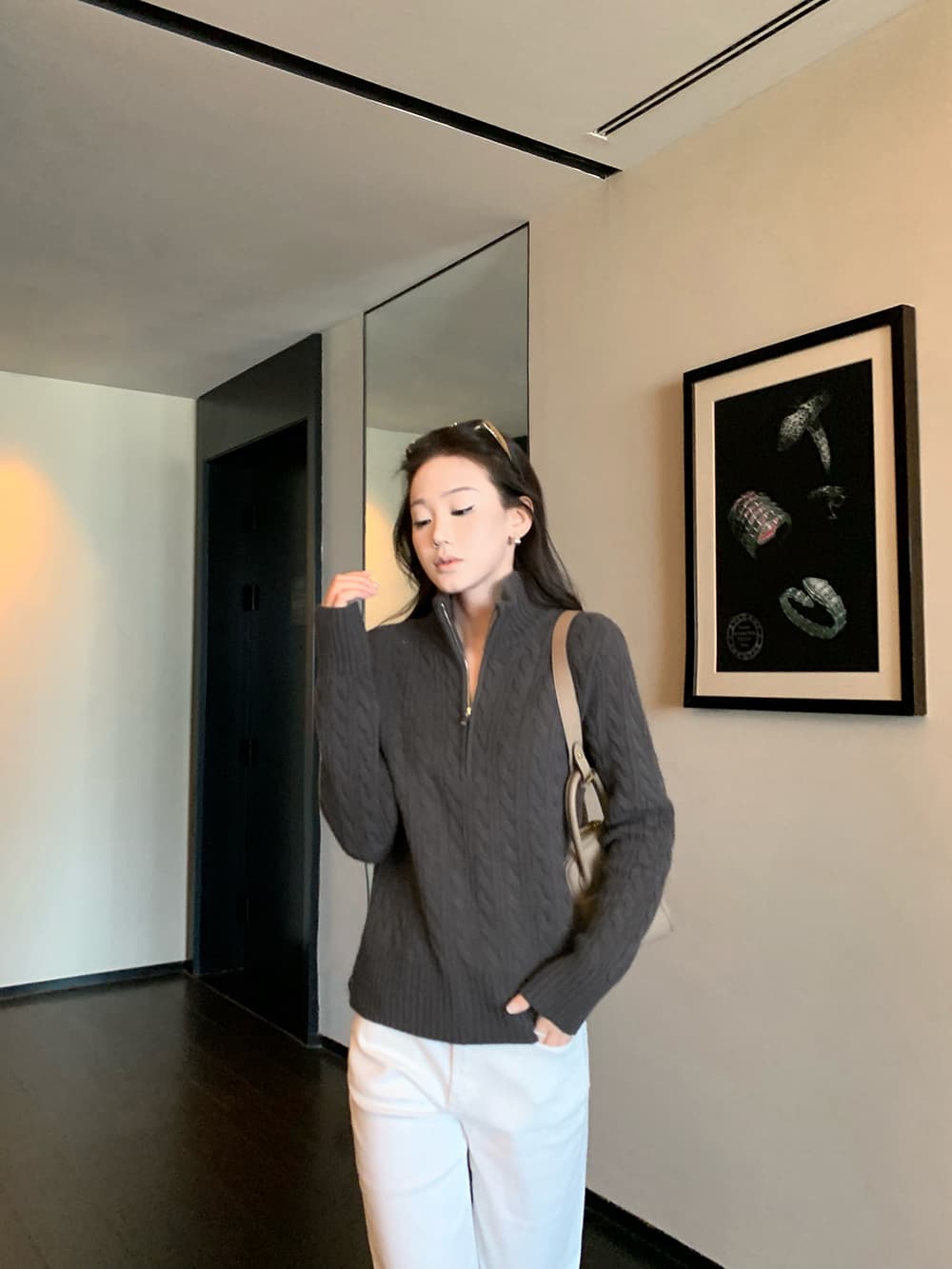 5werkwen 럭셔리 비싼 오래된 돈 높음 그램 무거운 500g 1oo 양모 하프 열기 지퍼 트위스트 꽃 스웨터 여자 이미지 3