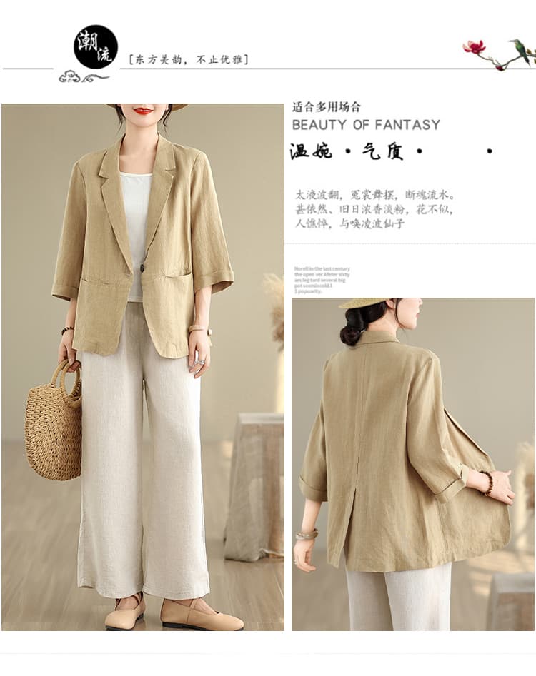 실사 2026 새로운 문예 레트로 면 린넨 7부 소매 작은 양복 여성 코트 여름 캐주얼 면 린넨 정장 맨위 상세 이미지 2