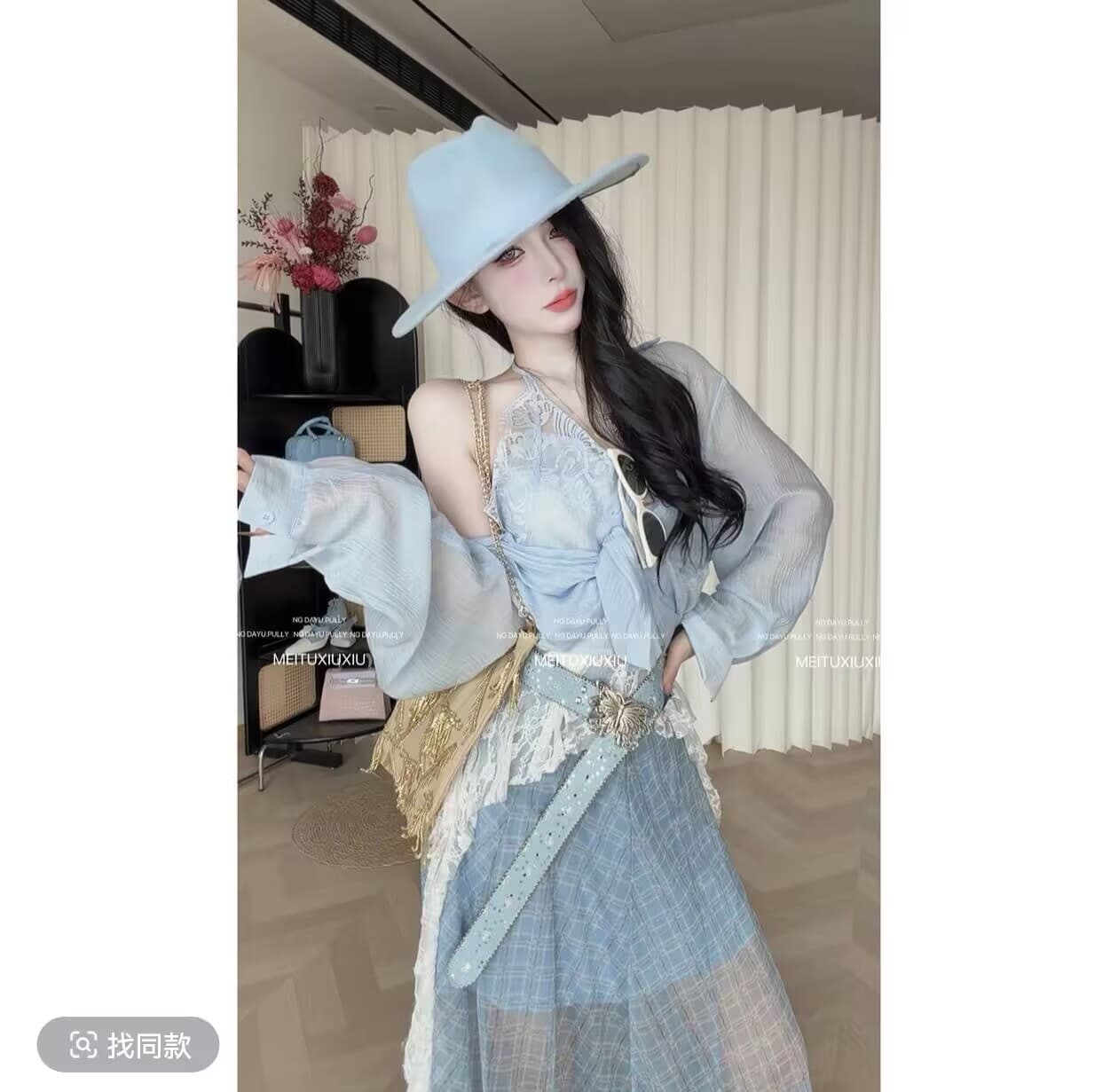 ng dayu 황혼 특히 플러스 이익 직접 만든 페이크 레이어드 레이스 자외선 차단 셔츠 망사 체크무늬 반신 롱 스커트 이미지 2