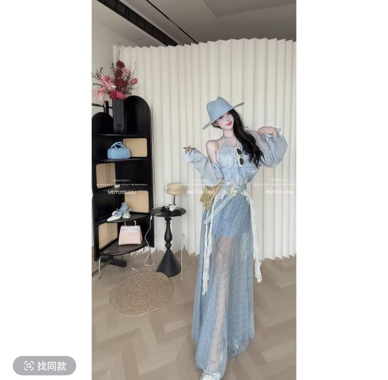ng dayu 황혼 특히 플러스 이익 직접 만든 페이크 레이어드 레이스 자외선 차단 셔츠 망사 체크무늬 반신 롱 스커트 이미지 4