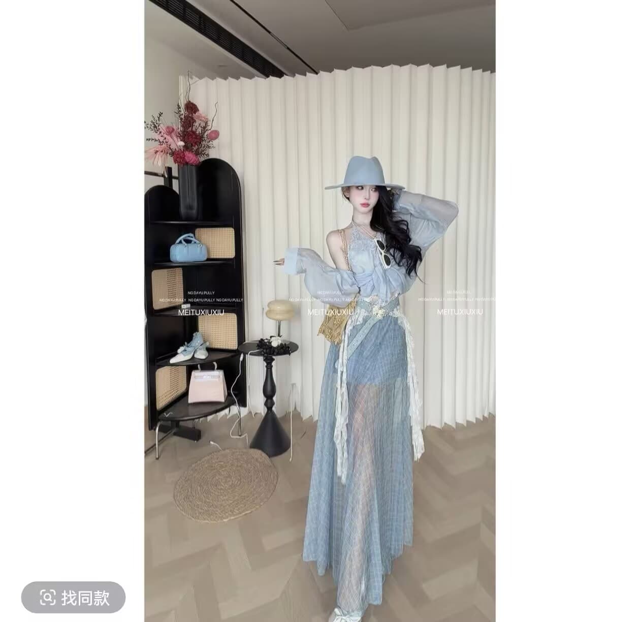 ng dayu 황혼 특히 플러스 이익 직접 만든 페이크 레이어드 레이스 자외선 차단 셔츠 망사 체크무늬 반신 롱 스커트 이미지 5
