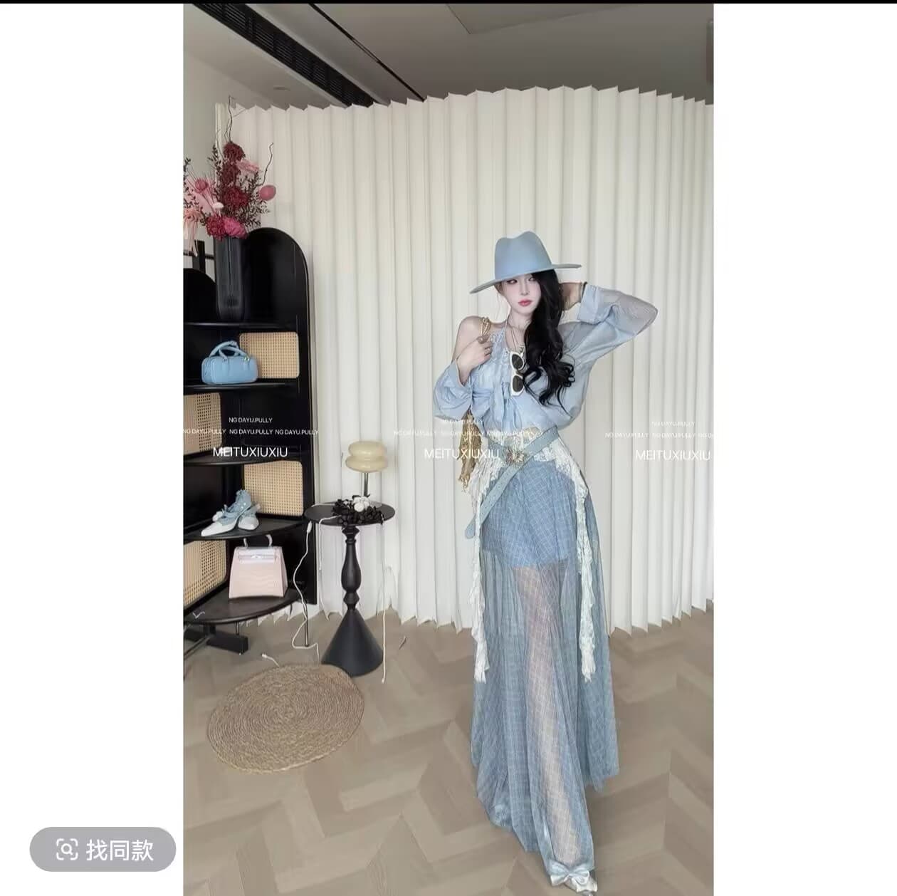 ng dayu 황혼 특히 플러스 이익 직접 만든 페이크 레이어드 레이스 자외선 차단 셔츠 망사 체크무늬 반신 롱 스커트 상세 이미지 2