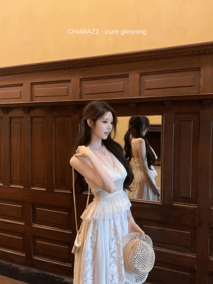 구름 센스 도루 가을 레이스 행침 목 망사 맨위 꽃 롱 스커트 V넥 디자인 센스 슬립 이미지 3
