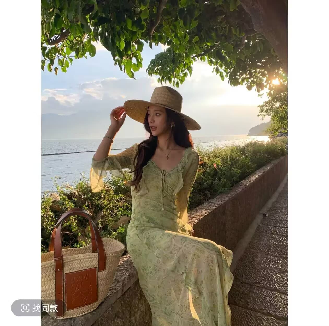 서부 지역 재스민 프랑스식 프릴 프린트 마이크로 ~을 통해 쉬폰 v 칼라 휴가 바람 요정 롱 스커트 상세 이미지 9