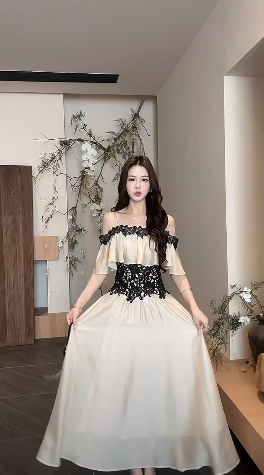 무쯔리 목자이 ~ 중 리 옛날 판화 빛 요리 한 디자인 센스 오프숄더 허리 수축 슬립 도루 센스 반신 치마 세트 상세 이미지 7
