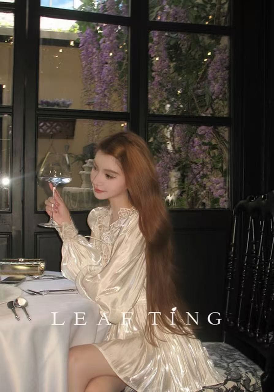 리프 작은 팅 향기로운 백주 깃발 구슬 빛 새틴 부드러운 반신 치마 세트 이미지 3