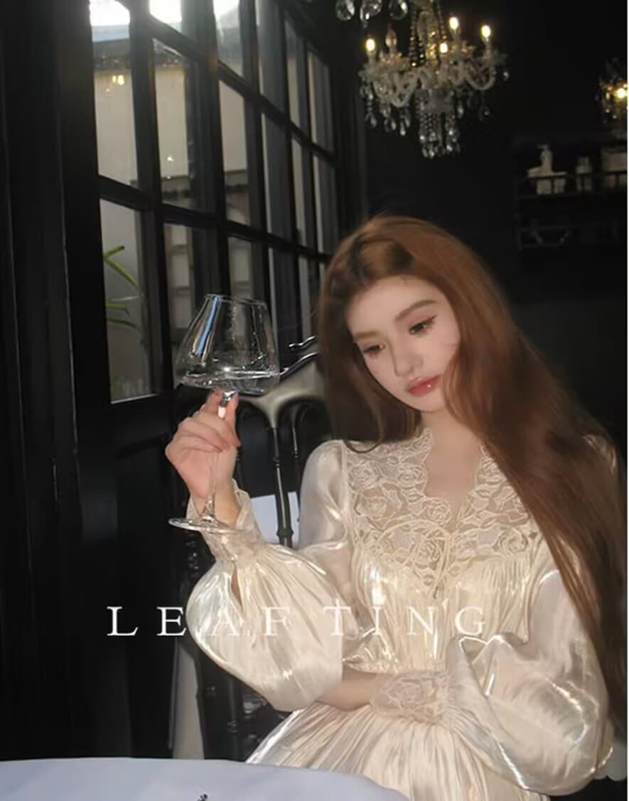 리프 작은 팅 향기로운 백주 깃발 구슬 빛 새틴 부드러운 반신 치마 세트 상세 이미지 2