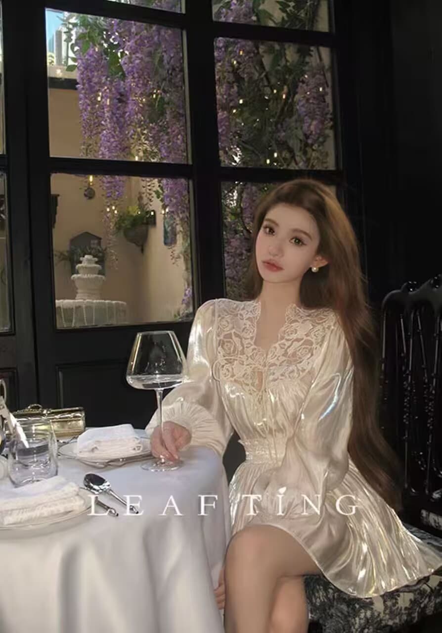 리프 작은 팅 향기로운 백주 깃발 구슬 빛 새틴 부드러운 반신 치마 세트 상세 이미지 3
