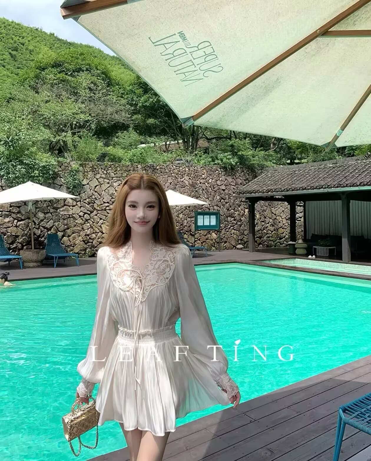 리프 작은 팅 향기로운 백주 깃발 구슬 빛 새틴 부드러운 반신 치마 세트 상세 이미지 5