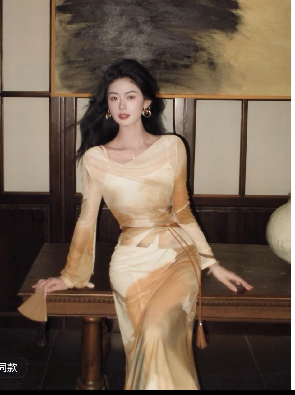 브라운 연기 가을 늦게 헤일로 염색 흔들다 칼라 스택 착용 긴팔 블라우스 벨트 허리 수축 몸매 가꾸기 마이크로 인어 꼬리 롱 스커트 이미지 3