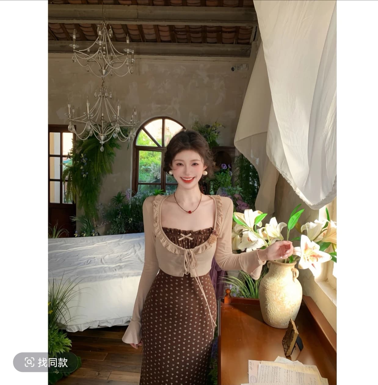 한 부서 니트 오픈 가디건 순수한 욕망 바람 이른 가을 새로운 몸매 가꾸기 슬림해 보이는 도트 무늬 슬립 인어 꼬리 치마 세트 이미지 2