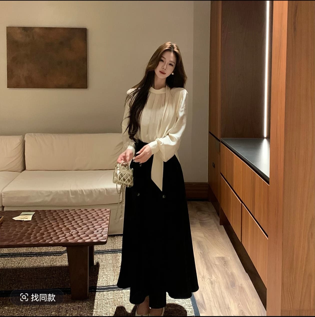 부유 한 가족 천 골드 품격 분위기 센스 리본 새틴 광택 맨위 큰 진자 반신 치마 세트 이미지 3