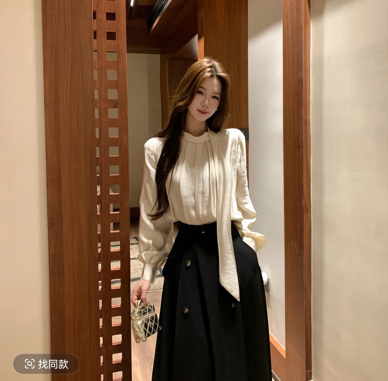 부유 한 가족 천 골드 품격 분위기 센스 리본 새틴 광택 맨위 큰 진자 반신 치마 세트 이미지 5